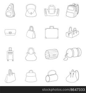 Different bagage set icons in outline style isolated on white background. Different bagage icon set outline
