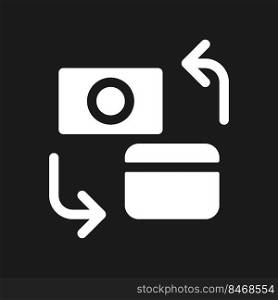Different banks accounts transfer dark mode glyph ui icon. Payment cards. User interface design. White silhouette symbol on black space. Solid pictogram for web, mobile. Vector isolated illustration. Different banks accounts transfer dark mode glyph ui icon