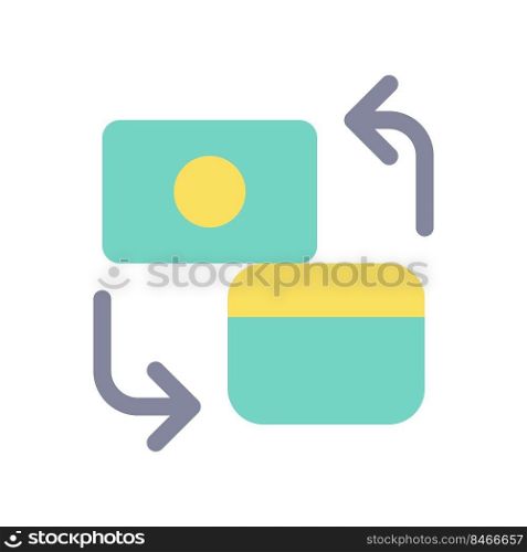 Different banks accounts transfer flat color ui icon. Payment cards. Convert cash to digital currency. Simple filled element for mobile app. Colorful solid pictogram. Vector isolated RGB illustration. Different banks accounts transfer flat color ui icon