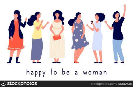 Different body types. Different women vector illustration. Body positive concept, happy women flat characters. Oversize, plump, slim girls. Illustration diversity fatty, overweight pretty positivity. Different body types. Different women vector illustration. Body positive concept, happy women flat characters. Oversize, plump, slim girls