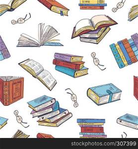Different books from library. Doodle vector illustrations. Seamless pattern with book library, pattern background school book literature. Different books from library. Doodle vector illustrations. Seamless pattern