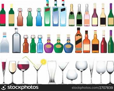 Different bottles, cups and glasses