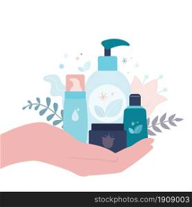 Different bottles, tubes and jars of organic cosmetics. Female hand holds various eco-friendly beauty products. Natural beauty products, isolated on white background. Flat vector illustration. Different bottles, tubes and jars of organic cosmetics. Female hand holds various eco-friendly beauty products