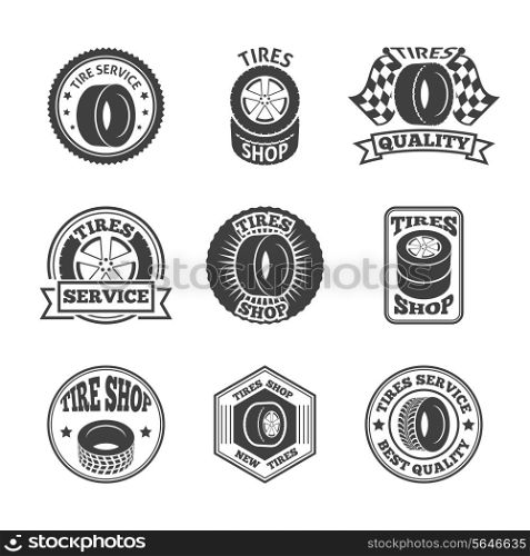 Different brands tires tread pattern shops emblems and replacing service labels set black abstract vector illustration