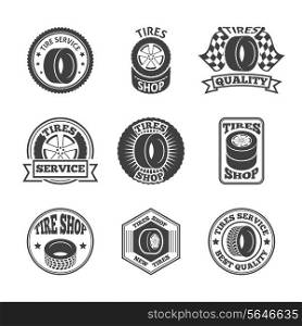 Different brands tires tread pattern shops emblems and replacing service labels set black abstract vector illustration