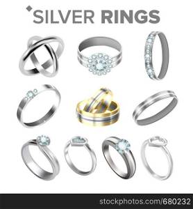 Different Bright Silver Metallic Rings Set Vector. Assortment Collection Of Design Engagement Diamond And Traditional Classic Wedding Rings. Luxury Ornament Accessories Realistic 3d Illustration. Different Bright Silver Metallic Rings Set Vector