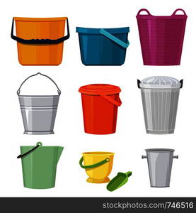 Different buckets. Vector set isolate. Illustration of bucket and container, pail with handle. Different buckets. Vector set isolate