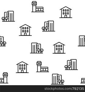 Different Building Set Seamless Pattern Vector. House, Company Skyscraper And Airport With Control Tower Monochrome Texture Icons. Modern Architecture Cityscape Template Flat Illustration. Different Building Set Seamless Pattern Vector