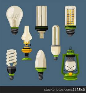 Different bulbs. Symbols of light in cartoon style. Vector illustration set of lightbulb isolated. Different bulbs. Symbols of light in cartoon style. Vector illustrations isolate