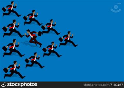 Different business concepts, Businessmen running the opposite direction. New ideas. Courage to risk. leadership. Vector illustration.