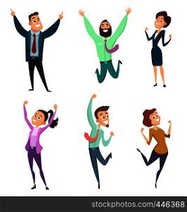 Different businessmen in action pose. Vector pictures of funny characters. Businessman character pose, young adult woman cheerful illustration. Different businessmen in action pose. Vector pictures of funny characters