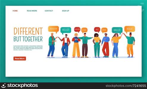 Different but together landing page vector template. Multinational group website interface, flat illustrations. Unity in diversity homepage layout. Multicultural relationships webpage cartoon concept