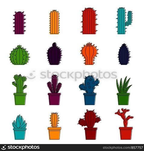 Different cactuses icons set. Doodle illustration of vector icons isolated on white background for any web design. Different cactuses icons doodle set