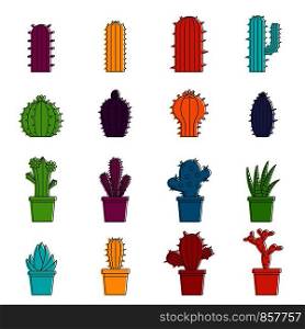 Different cactuses icons set. Doodle illustration of vector icons isolated on white background for any web design. Different cactuses icons doodle set