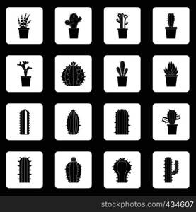 Different cactuses icons set in white squares on black background simple style vector illustration. Different cactuses icons set squares vector