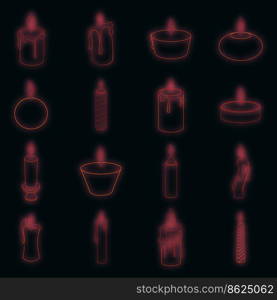 Different candle icons set. Illustration of 16 different candle vector icons neon color on black. Different candle icons set vector neon