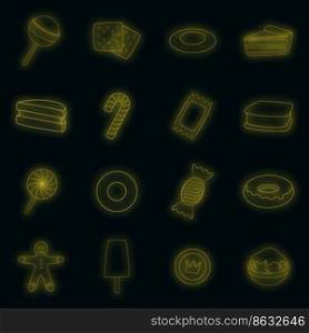 Different candy icons set. Illustration of 16 different candy vector icons neon color on black. Different candy icons set vector neon