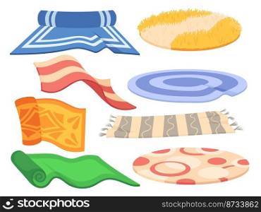 Different carpets. Cozy cartoon carpet, floor mat for interior decoration. Round and square rugs, isolated neat fluffy home textile vector set of rug and carpet illustration. Different carpets. Cozy cartoon carpet, floor mat for interior decoration. Round and square rugs, isolated neat fluffy home textile vector set