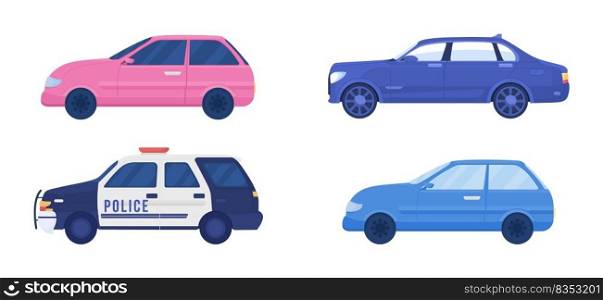 Different cars semi flat color vector objects set. Editable figures. Full sized items on white. Simple cartoon style illustration for web graphic design and animation collection. Bebas Neue font used. Different cars semi flat color vector objects set