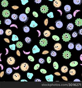 Different Cartoon Microbes Seamless Pattern on Black Background. Pandemic Colored Backteria. Dangerous Bad Viruses. Germs Backterial Mickroorganism. Bacterium Monsters. Cartoon Microbes Seamless Pattern. Pandemic Backteria. Dangerous Viruses. Germs Mickroorganism. Bacterium Monsters