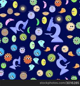 Different Cartoon Microbes Seamless Pattern on Blue Background. Pandemic Colored Backteria. Dangerous Bad Viruses. Germs Backterial Mickroorganism. Bacterium Monsters. Different Cartoon Microbes Seamless Pattern. Pandemic Backteria. Germs Backterial Mickroorganism. Bacterium Monsters