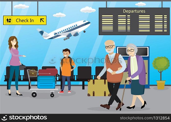 Different cartoon people in airport,airport interior,airplane on background,flat vector illustration. Different cartoon people in airport,airport interior,airplane on