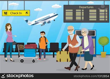 Different cartoon people in airport,airport interior,airplane on background,flat vector illustration. Different cartoon people in airport,airport interior,airplane on