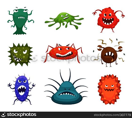 Different cartoon viruses mascots and flu microbes. Vector characters design set. Color biology bacteria and microscopic caricature organism illustration. Different cartoon viruses mascots and flu microbes. Vector characters design set
