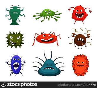 Different cartoon viruses mascots and flu microbes. Vector characters design set. Color biology bacteria and microscopic caricature organism illustration. Different cartoon viruses mascots and flu microbes. Vector characters design set