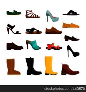 Different casual shoes of men and women. Vector pictures set. Fashion footwear and boots woman and man illustration. Different casual shoes of men and women. Vector pictures set