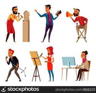Different characters of creative professions. Vector pictures in cartoon style. Drawing artist, painter and singer, sculptor illustration. Different characters of creative professions. Vector pictures in cartoon style