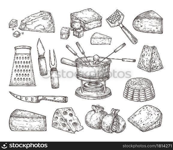 Different cheese. Recipe ingredients, fondue meal sketch and cutlery. Hand drawn parmesan gouda edam cheddar, dinner lunch exact vector set. Illustration cheese meal piece, mozzarella delicious. Different cheese. Recipe ingredients, fondue meal sketch and cutlery. Hand drawn parmesan gouda edam cheddar, dinner lunch exact vector set