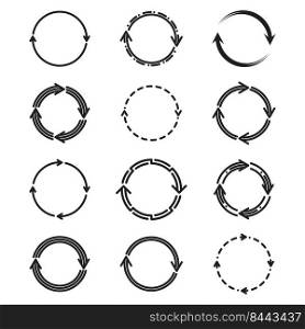 Different circle arrows flat icon set. Round reloading, recycling or repeating, loading loop symbols in vector illustration collection. Pictograms and design concept