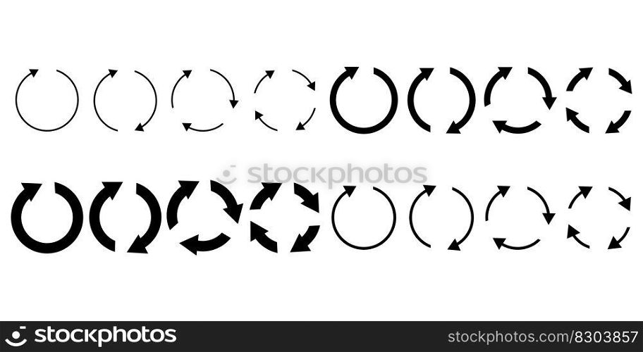 different circular arrows of black color, different thickness. Vector illustration. EPS 10.. different circular arrows of black color, different thickness. Vector illustration.