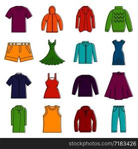 Different clothes icons set. Doodle illustration of vector icons isolated on white background for any web design. Different clothes icons doodle set