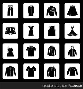 Different clothes icons set in white squares on black background simple style vector illustration. Different clothes icons set squares vector