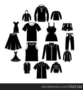 Different clothes icons set. Simple illustration of 16 different clothes items vector icons for web. Different clothes icons set, simple style