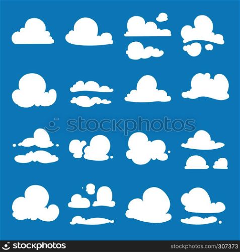 Different clouds in cartoon style. Vector illustration set of white clouds in blue sky. Different clouds in cartoon style. Vector illustration set