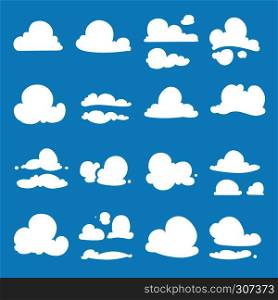 Different clouds in cartoon style. Vector illustration set of white clouds in blue sky. Different clouds in cartoon style. Vector illustration set