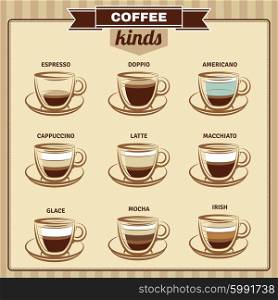 Different Coffee Kinds Flat Icons Set . Different kinds of coffee flat icons set with cups cappuccino espresso and mocha abstract isolated vector illustration
