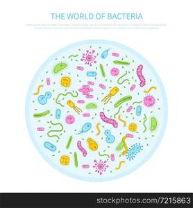 Different colored bacteria in petri glass flat microbiology concept vector illustration. Bacteria concept illustration