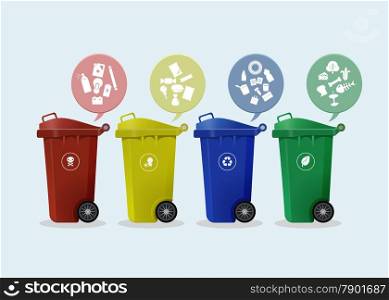 Different Colored wheelie bins set with waste icon, illustration of waste management concept