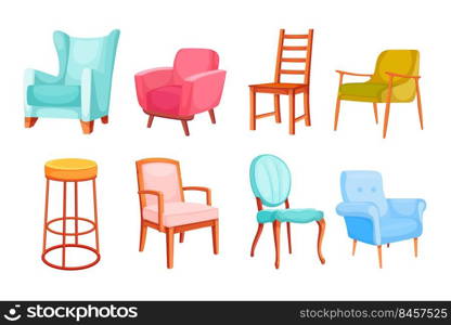 Different colorful chairs and armchairs vector illustration set. Luxury empty furniture for office, work and lounge isolated on white background.  Relaxation, sofa, interior design concept