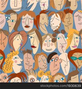 Different colorful funny persons. Cartoon faces of people. Seamless vector pattern.