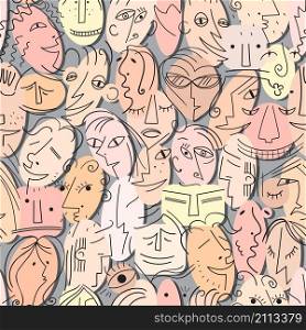 Different colorful funny persons. Cartoon faces of people. Seamless vector pattern.