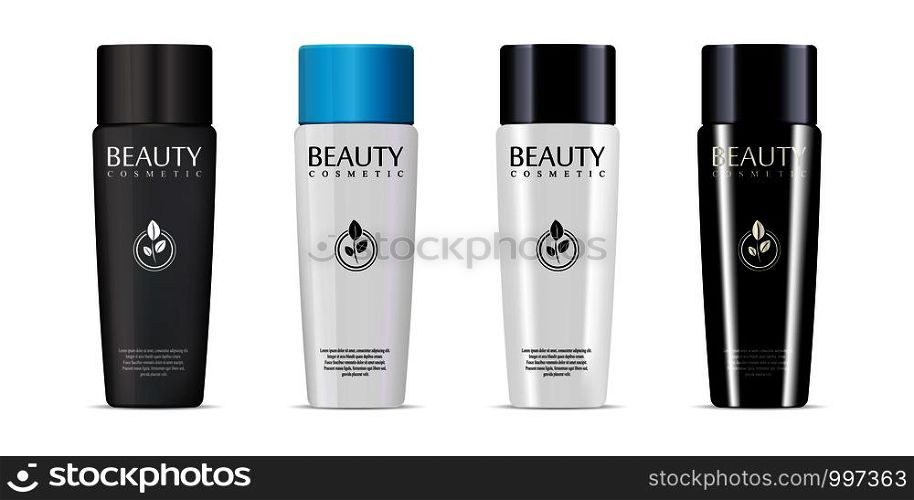 Different colors and styles cosmetic bottles set for shampoo, shower gel. Luxury cosmetics product with label and sample logo. Vector mockup illustration.. Cosmetic bottle set shampoo, shower gel. Luxury