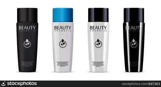 Different colors and styles cosmetic bottles set for shampoo, shower gel. Luxury cosmetics product with label and sample logo. Vector mockup illustration.. Cosmetic bottle set shampoo, shower gel. Luxury