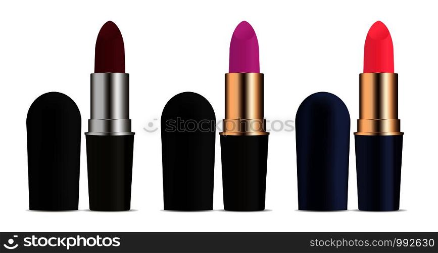 Different colour lipstick set with open caps. Modern style cosmetics packaging design. High quality vector illustration.. Different colour lipstick set with open caps