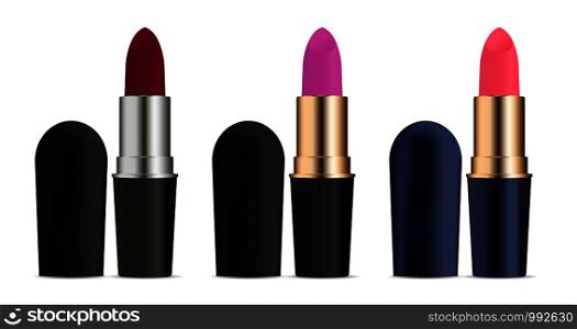 Different colour lipstick set with open caps. Modern style cosmetics packaging design. High quality vector illustration.. Different colour lipstick set with open caps
