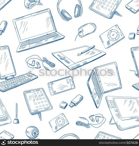 Different computer devices in hand drawn style. Vector seamless pattern with computer laptop and digital sketch electronic equipment illustration. Different computer devices in hand drawn style. Vector seamless pattern